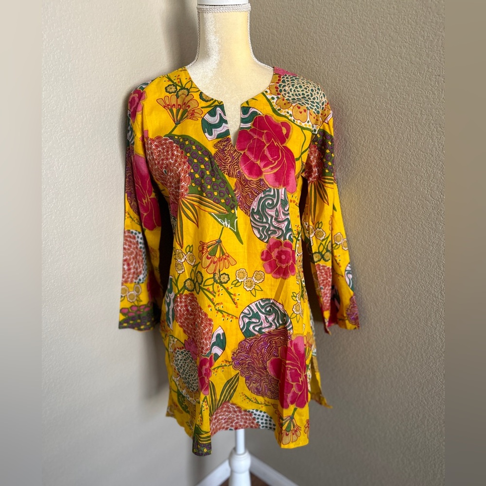 Dolma Yellow Floral Long-Sleeve Tunic Top size S
